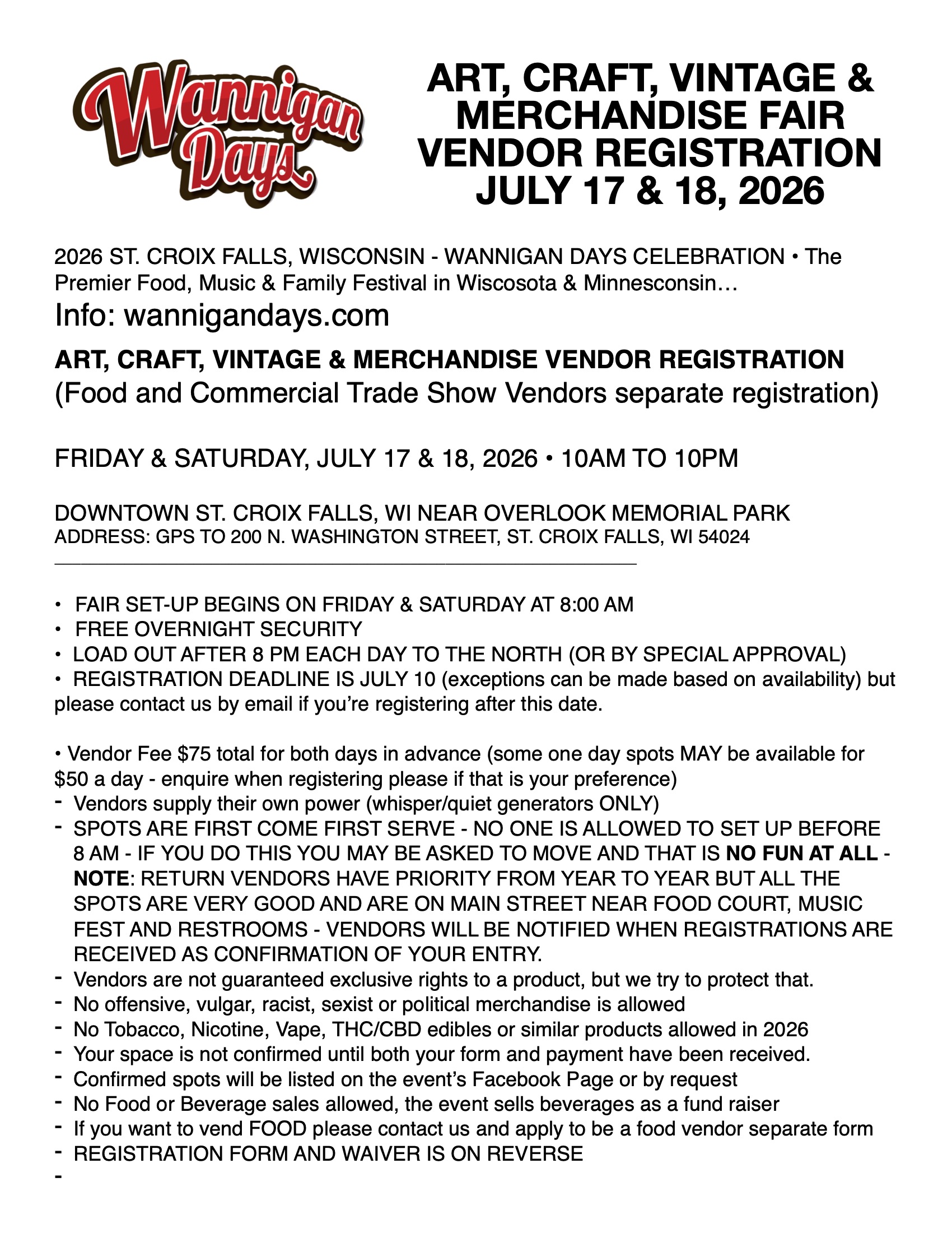 2026-Wannigan-Days-Art-Craft-Vendor-Registration Form Arts Craft Vendor