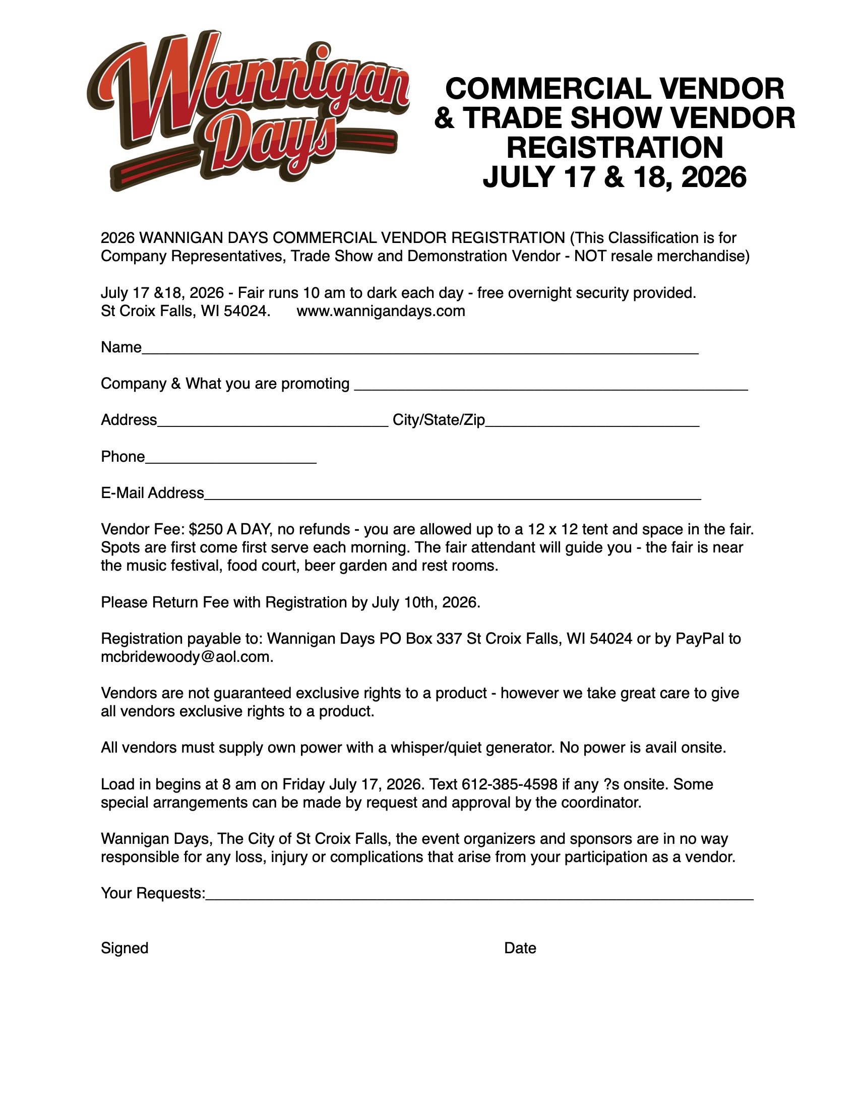 2026-Wannigan-Days Commercial-Vendor-Registration Commercial Vendor